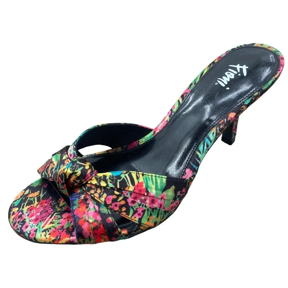 Fioni Tropical Floral Knotted Bow Open Toe Stiletto Heels Size 8 NWOT